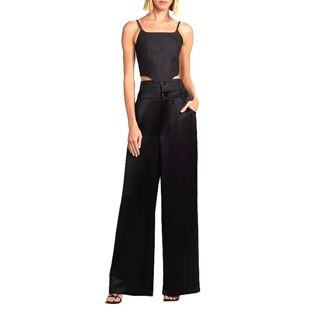 NonChalant Label Simon Pants in Black XSmall Womens Double Buckle Satin Denim